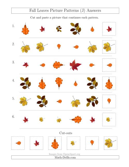 The Fall Leaves Picture Patterns with Shape, Size and Rotation Attributes (J) Math Worksheet Page 2