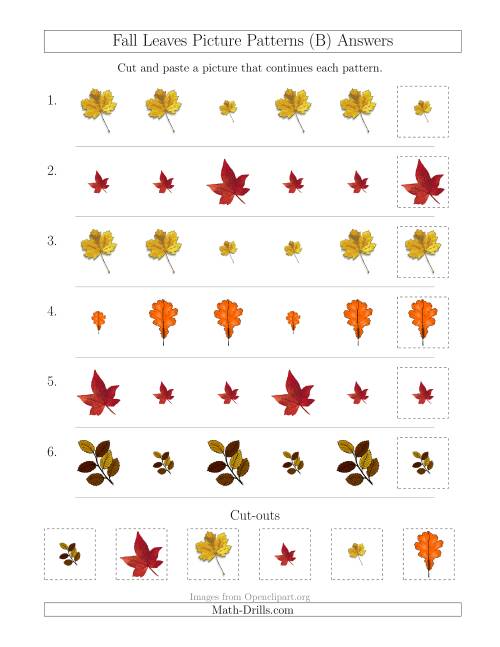 The Fall Leaves Picture Patterns with Size Attribute Only (B) Math Worksheet Page 2