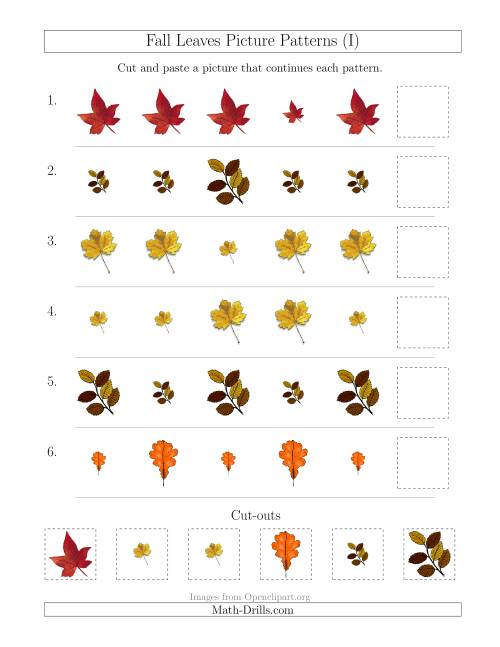 The Fall Leaves Picture Patterns with Size Attribute Only (I) Math Worksheet