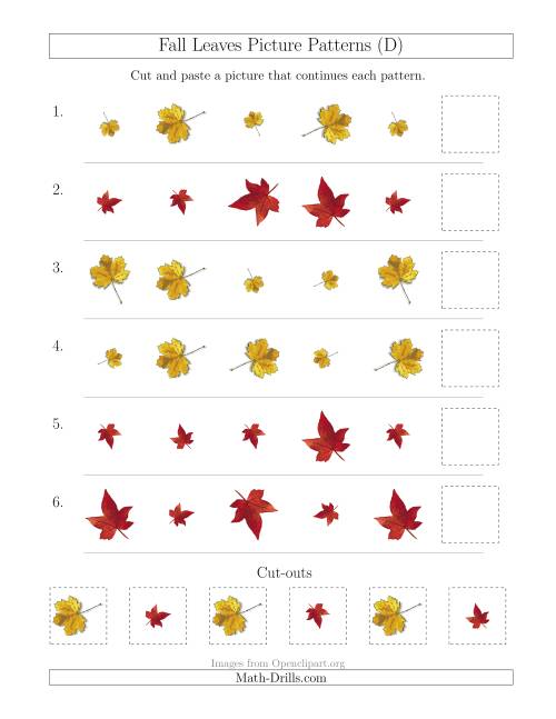 The Fall Leaves Picture Patterns with Size and Rotation Attributes (D) Math Worksheet