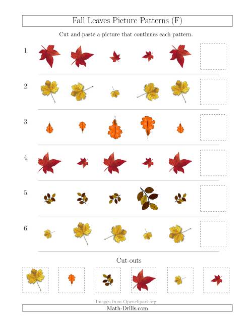 The Fall Leaves Picture Patterns with Size and Rotation Attributes (F) Math Worksheet