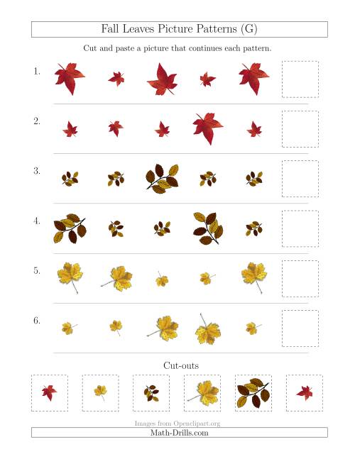 The Fall Leaves Picture Patterns with Size and Rotation Attributes (G) Math Worksheet