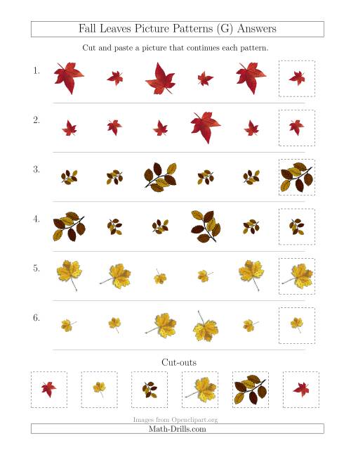 The Fall Leaves Picture Patterns with Size and Rotation Attributes (G) Math Worksheet Page 2