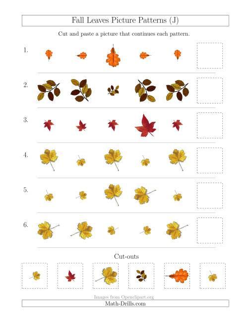 The Fall Leaves Picture Patterns with Size and Rotation Attributes (J) Math Worksheet