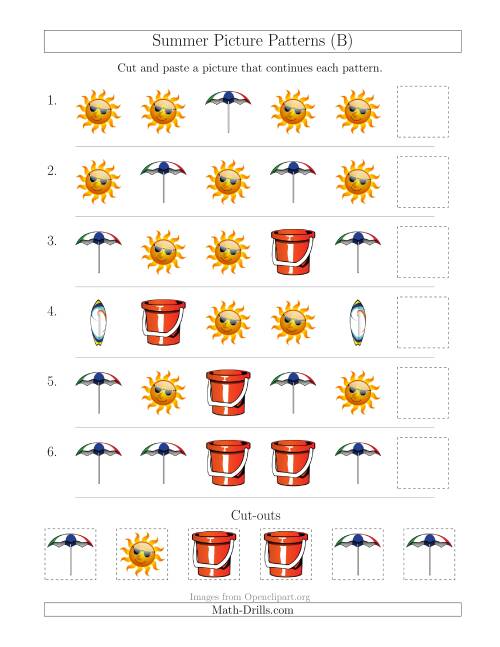The Summer Picture Patterns with Shape Attribute Only (B) Math Worksheet