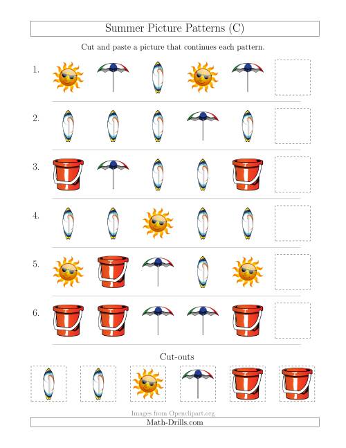 The Summer Picture Patterns with Shape Attribute Only (C) Math Worksheet