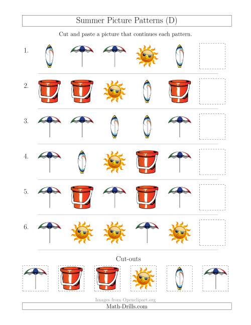 The Summer Picture Patterns with Shape Attribute Only (D) Math Worksheet