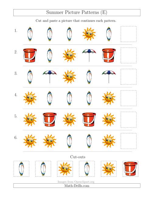 The Summer Picture Patterns with Shape Attribute Only (E) Math Worksheet