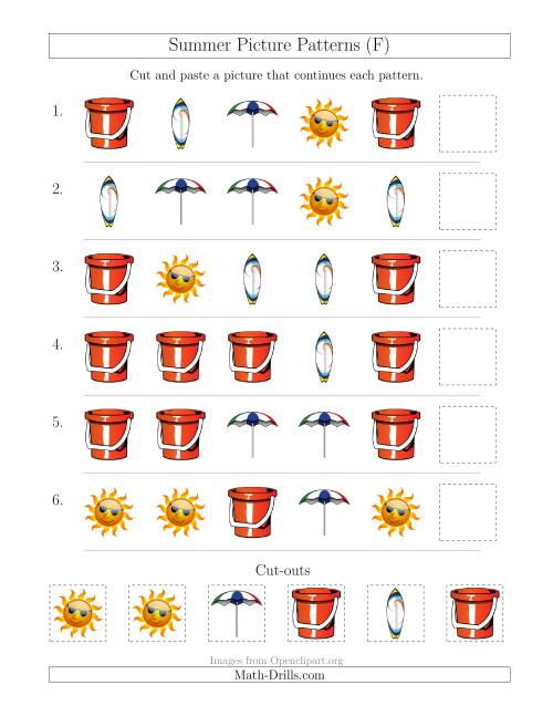 The Summer Picture Patterns with Shape Attribute Only (F) Math Worksheet