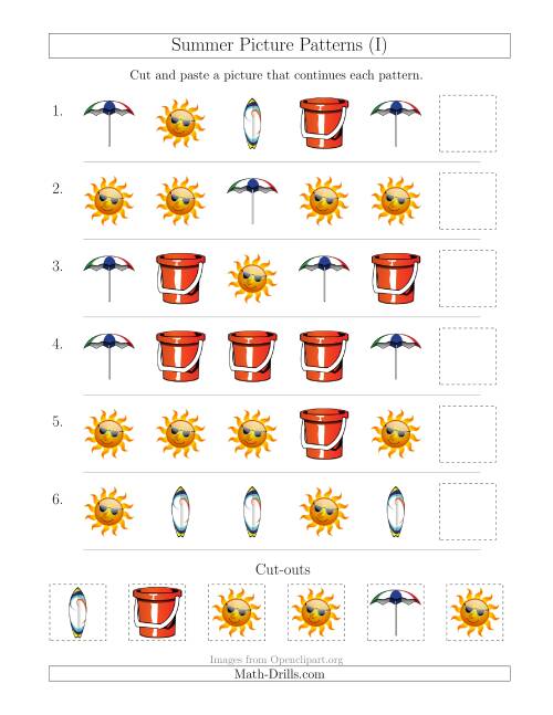 The Summer Picture Patterns with Shape Attribute Only (I) Math Worksheet