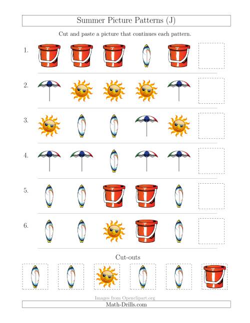 The Summer Picture Patterns with Shape Attribute Only (J) Math Worksheet