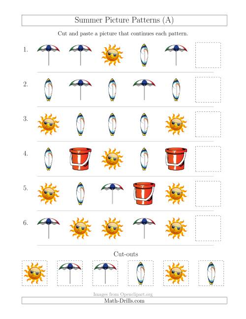 The Summer Picture Patterns with Shape Attribute Only (All) Math Worksheet