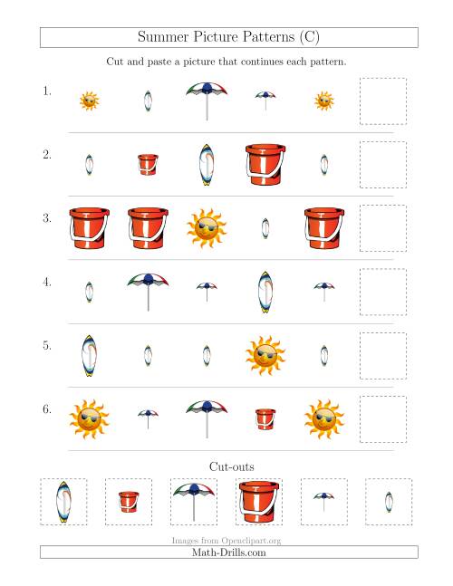 The Summer Picture Patterns with Shape and Size Attributes (C) Math Worksheet