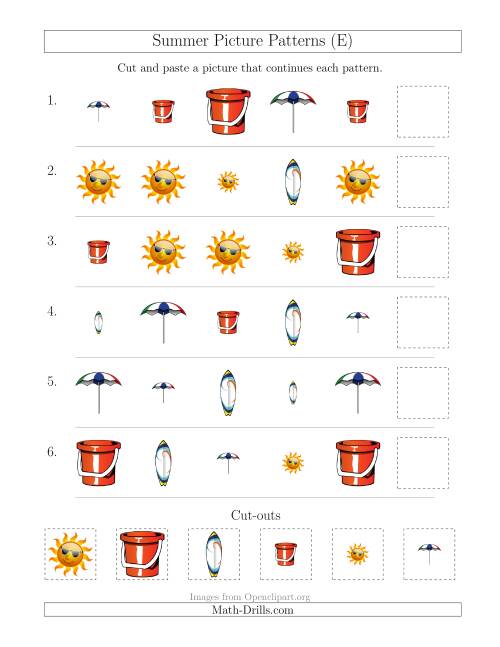 The Summer Picture Patterns with Shape and Size Attributes (E) Math Worksheet
