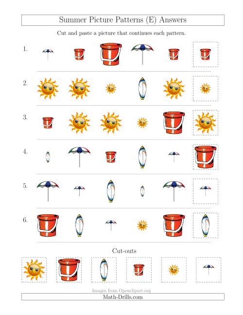 The Summer Picture Patterns with Shape and Size Attributes (E) Math Worksheet Page 2