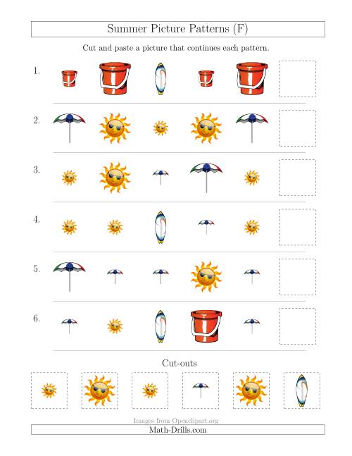 The Summer Picture Patterns with Shape and Size Attributes (F) Math Worksheet