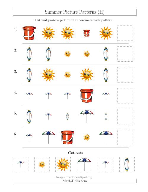 The Summer Picture Patterns with Shape and Size Attributes (H) Math Worksheet