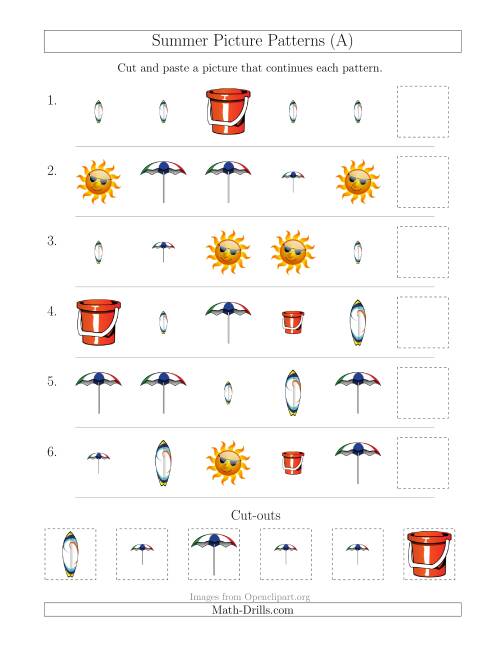 The Summer Picture Patterns with Shape and Size Attributes (All) Math Worksheet
