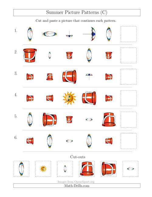 The Summer Picture Patterns with Shape, Size and Rotation Attributes (C) Math Worksheet