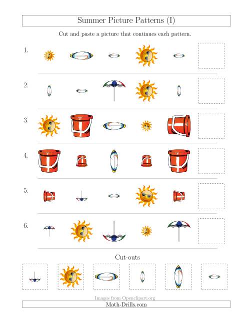 The Summer Picture Patterns with Shape, Size and Rotation Attributes (I) Math Worksheet