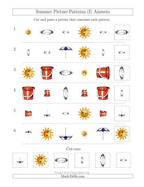 The Summer Picture Patterns with Shape, Size and Rotation Attributes (I) Math Worksheet Page 2
