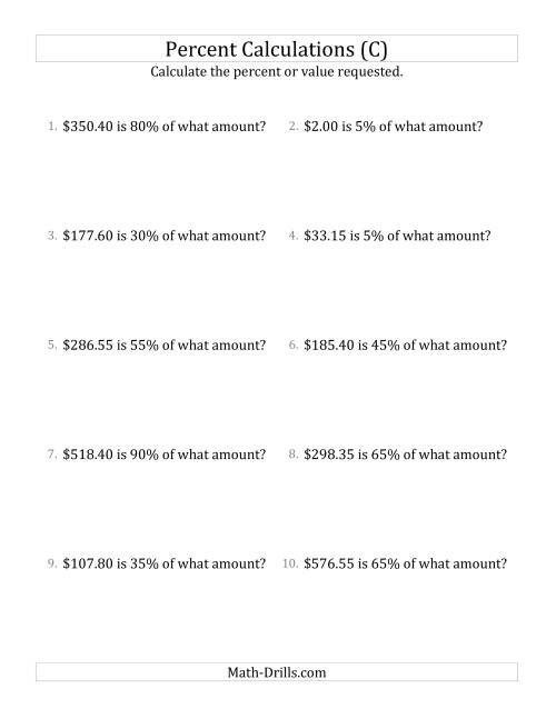 The Calculating the Original Currency Amount with Decimals and Multiples of 5 Percents (C) Math Worksheet
