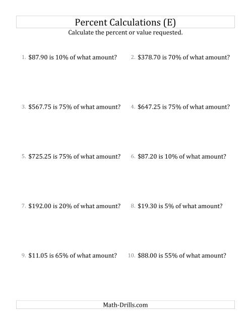 The Calculating the Original Currency Amount with Decimals and Multiples of 5 Percents (E) Math Worksheet