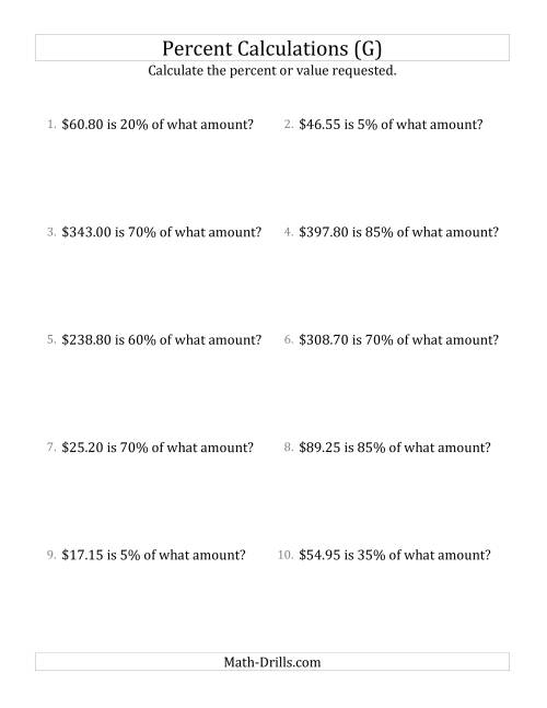 The Calculating the Original Currency Amount with Decimals and Multiples of 5 Percents (G) Math Worksheet