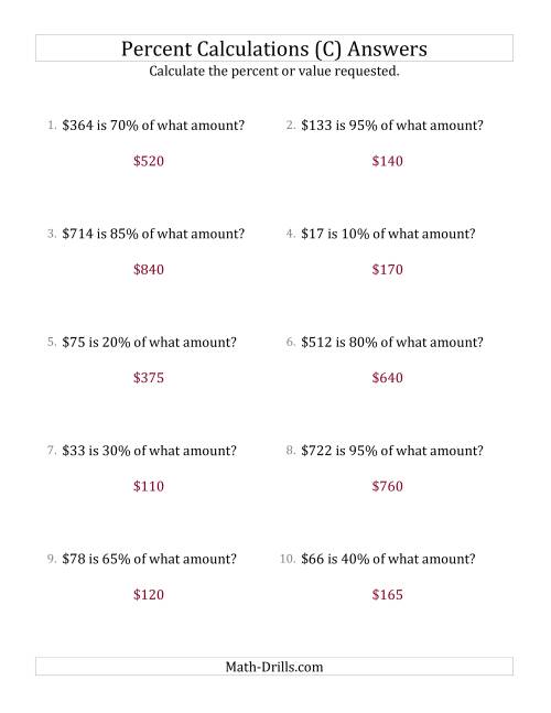 The Calculating the Original Currency Amount with Whole Numbers and Multiples of 5 Percents (C) Math Worksheet Page 2