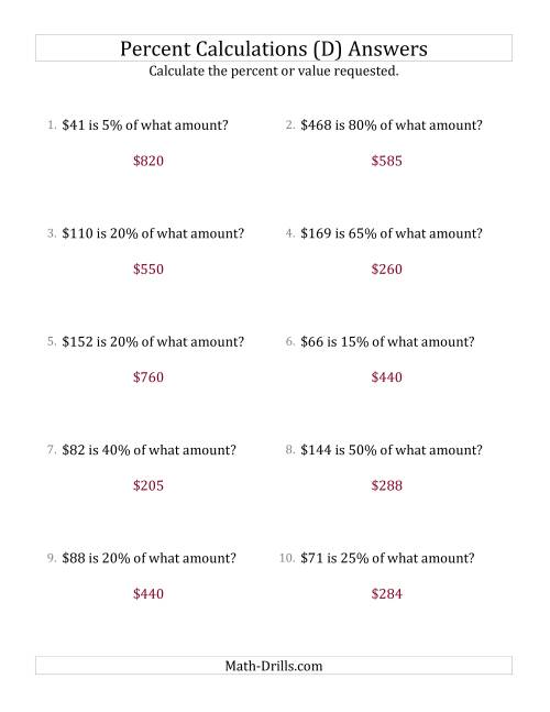 The Calculating the Original Currency Amount with Whole Numbers and Multiples of 5 Percents (D) Math Worksheet Page 2