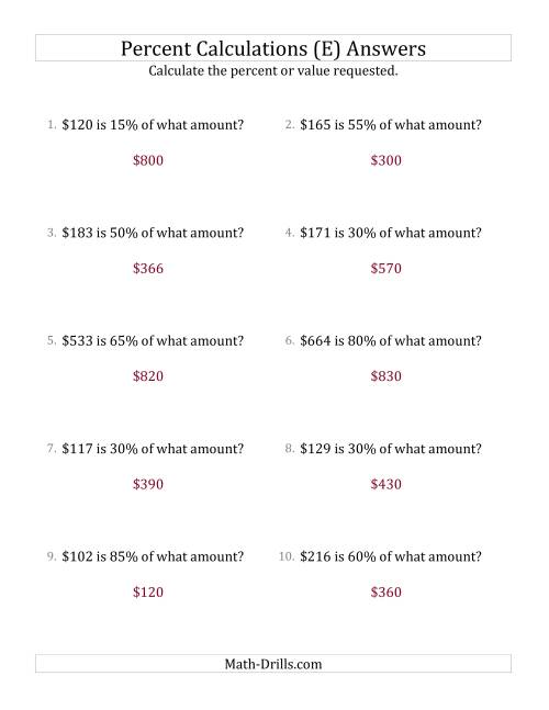 The Calculating the Original Currency Amount with Whole Numbers and Multiples of 5 Percents (E) Math Worksheet Page 2