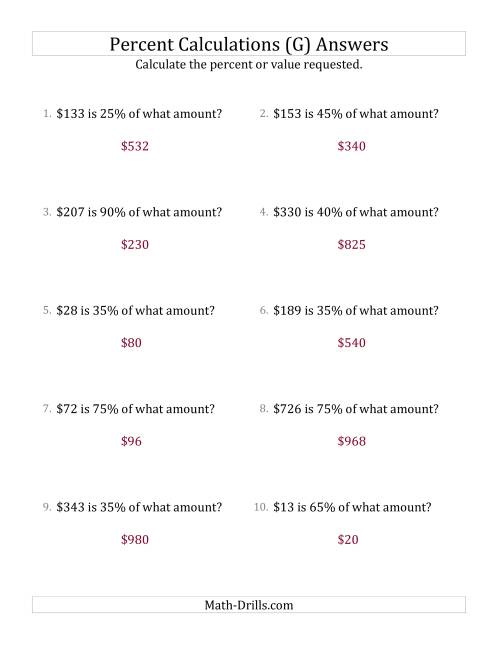 The Calculating the Original Currency Amount with Whole Numbers and Multiples of 5 Percents (G) Math Worksheet Page 2