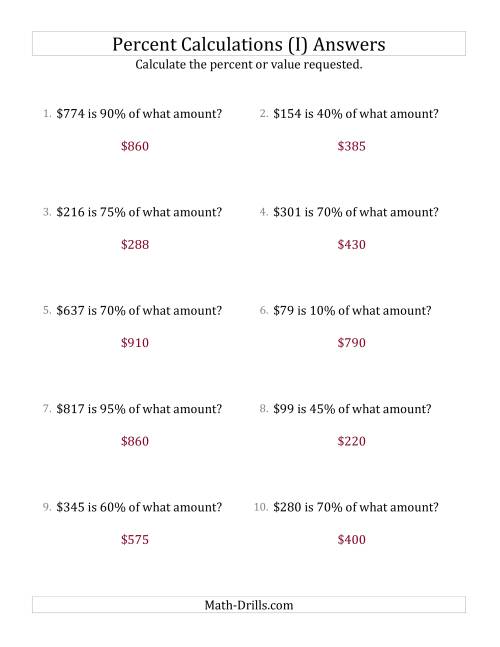 The Calculating the Original Currency Amount with Whole Numbers and Multiples of 5 Percents (I) Math Worksheet Page 2
