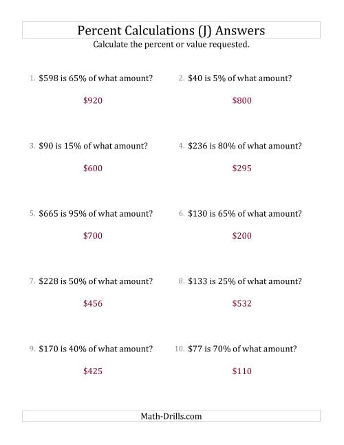 The Calculating the Original Currency Amount with Whole Numbers and Multiples of 5 Percents (J) Math Worksheet Page 2
