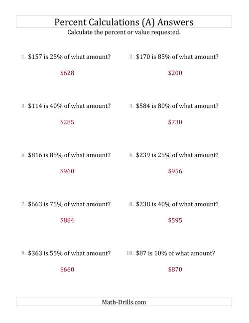 The Calculating the Original Currency Amount with Whole Numbers and Multiples of 5 Percents (All) Math Worksheet Page 2