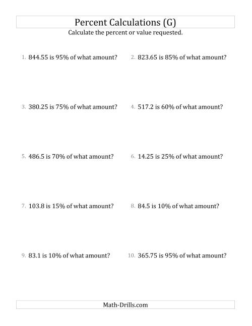 The Calculating the Original Amount with Decimals and Multiples of 5 Percents (G) Math Worksheet