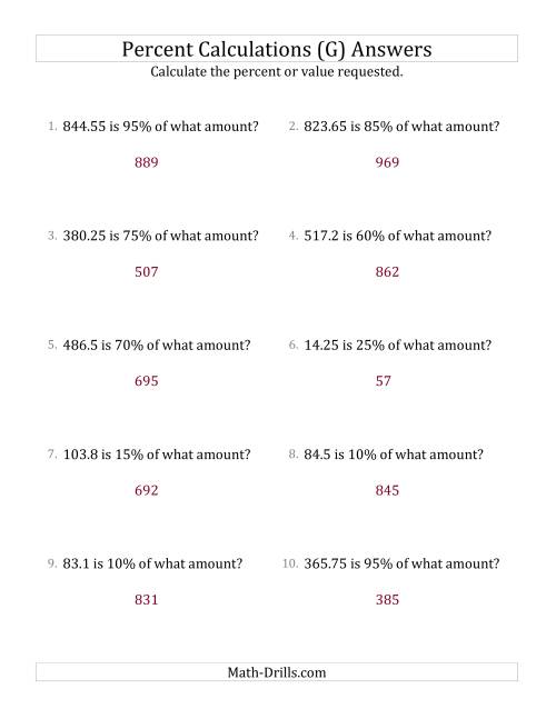 The Calculating the Original Amount with Decimals and Multiples of 5 Percents (G) Math Worksheet Page 2