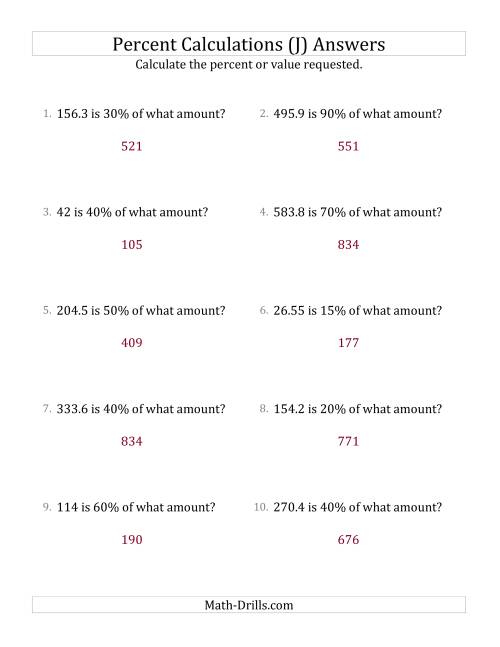The Calculating the Original Amount with Decimals and Multiples of 5 Percents (J) Math Worksheet Page 2