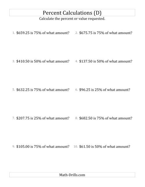 The Calculating the Original Currency Amount with Decimals and Multiples of 25 Percents (D) Math Worksheet