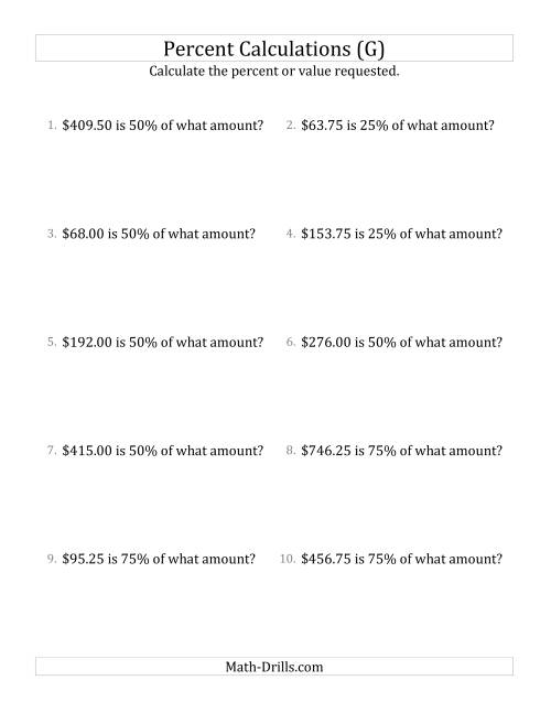 The Calculating the Original Currency Amount with Decimals and Multiples of 25 Percents (G) Math Worksheet