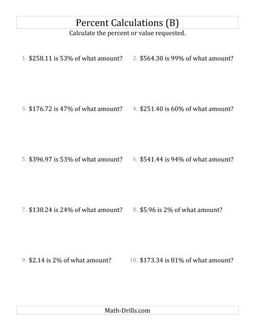 The Calculating the Original Currency Amount with Decimals and All Percents (B) Math Worksheet