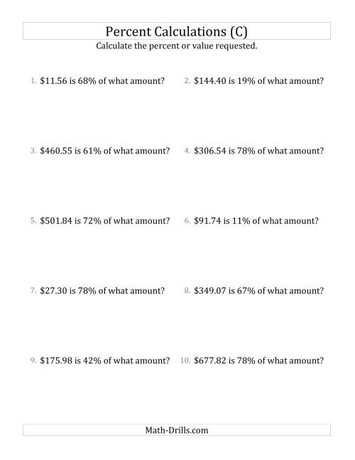 The Calculating the Original Currency Amount with Decimals and All Percents (C) Math Worksheet