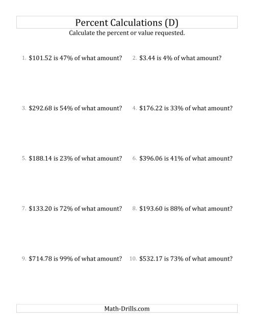 The Calculating the Original Currency Amount with Decimals and All Percents (D) Math Worksheet
