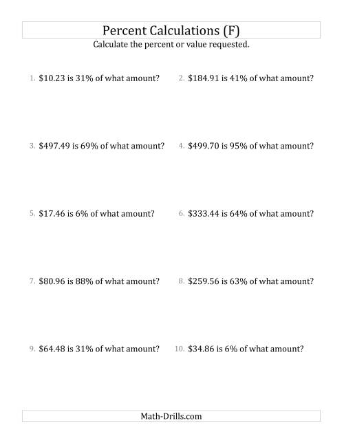 The Calculating the Original Currency Amount with Decimals and All Percents (F) Math Worksheet