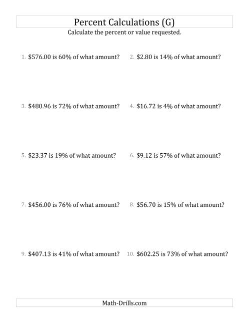 The Calculating the Original Currency Amount with Decimals and All Percents (G) Math Worksheet