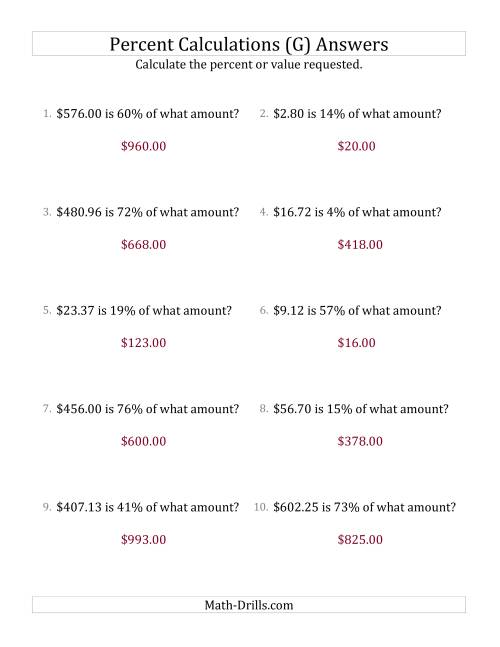 The Calculating the Original Currency Amount with Decimals and All Percents (G) Math Worksheet Page 2
