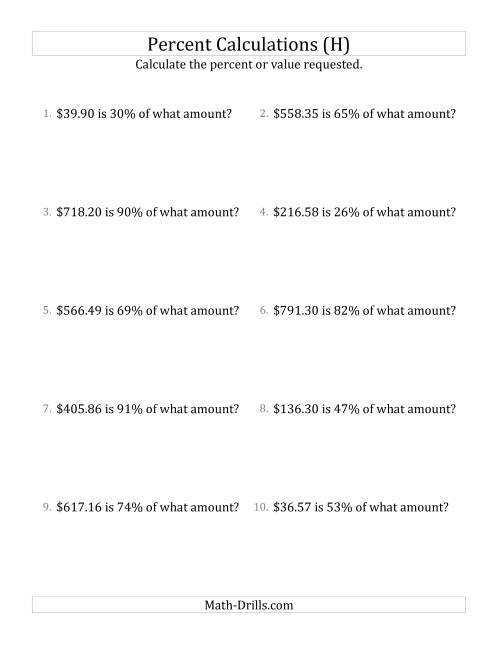 The Calculating the Original Currency Amount with Decimals and All Percents (H) Math Worksheet