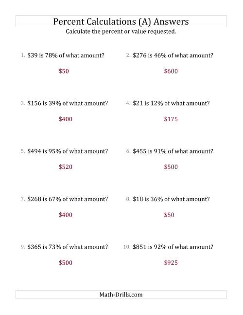 The Calculating the Original Currency Amount with Whole Numbers and All Percents (A) Math Worksheet Page 2
