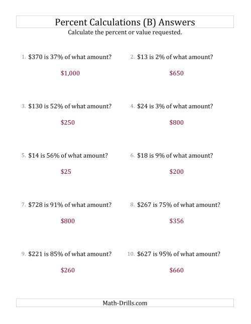The Calculating the Original Currency Amount with Whole Numbers and All Percents (B) Math Worksheet Page 2