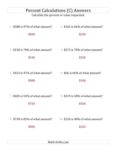The Calculating the Original Currency Amount with Whole Numbers and All Percents (C) Math Worksheet Page 2